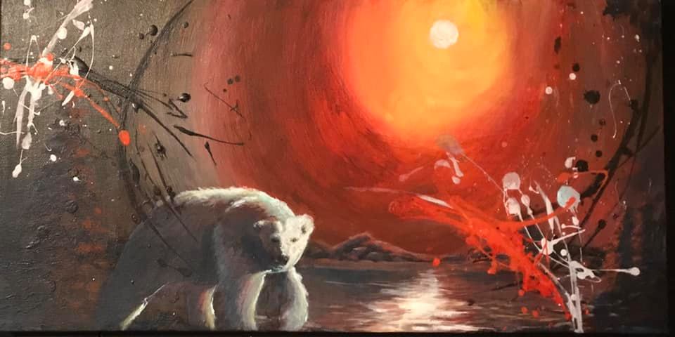 polarbear painting in gold and red nuances. sold
