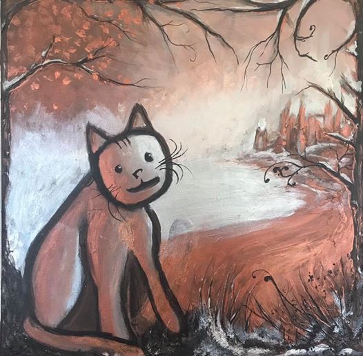 Cat painting, castle in background. 50x50cm, copper white and black. for childrens room. 1100,- DKK