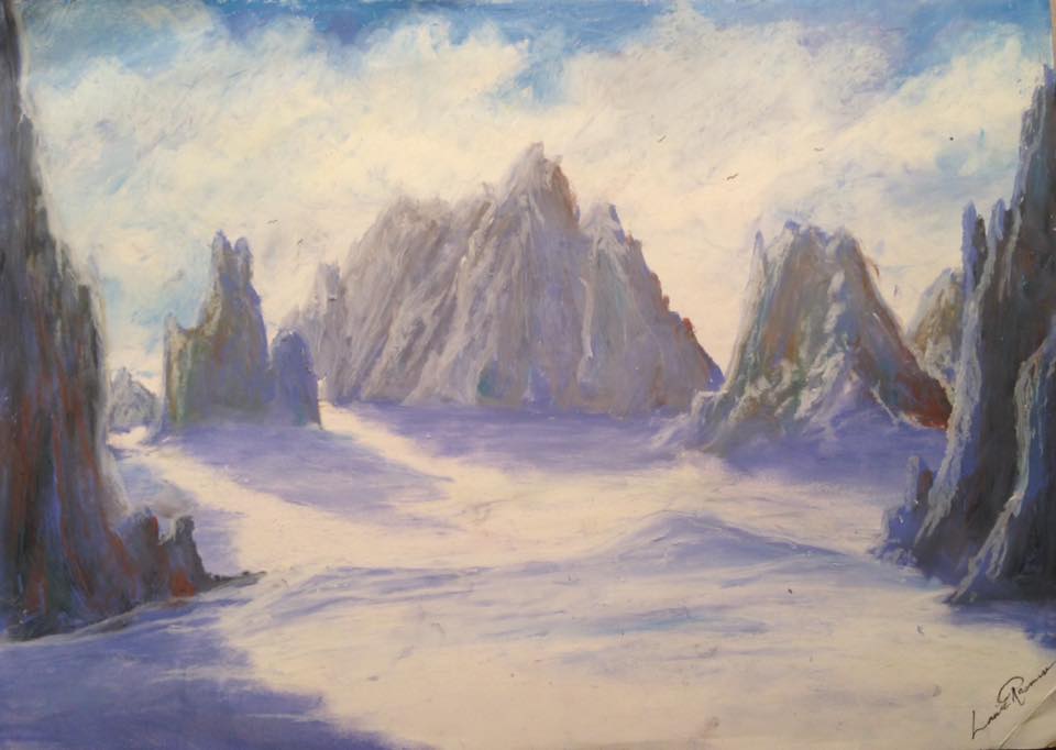 Pastel on paper, A4. mountains in blue tones. snowy landscape. 500,- DKK