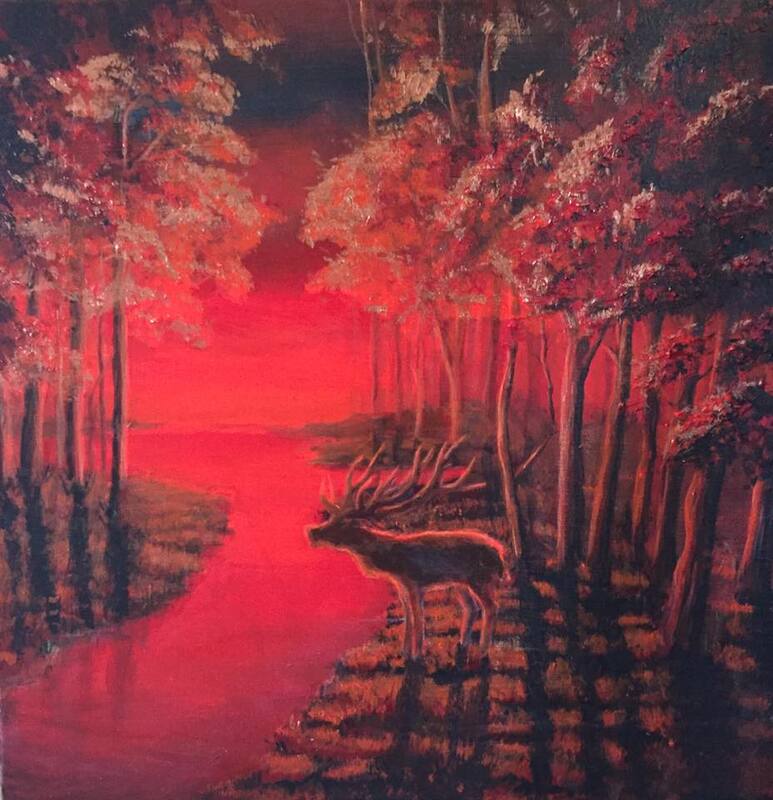 red dawn deer painting in forest, 50x50. sold